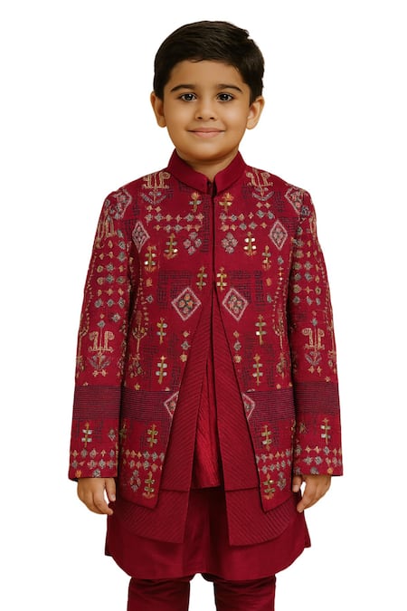 Buy PAARSH Red Linen, Satin, Cotton Embroidery Lalitra Bandhgala Set Online at Aza Fashions Buy_PAARSH_Red Linen, Satin, Cotton Embroidery Lalitra Bandhgala Set _Online_at_Aza_Fashions