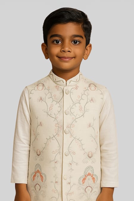 Buy_PAARSH_Ivory Linen, Satin, Cotton Embroidery Amod Nehru Jacket Set _Online_at_Aza_Fashions