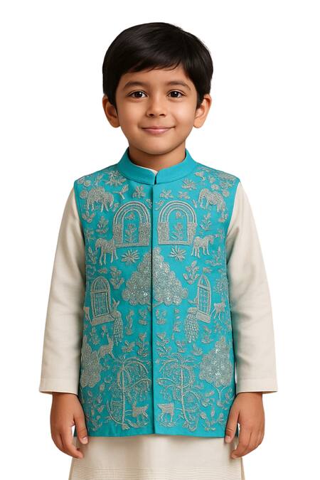 Buy PAARSH Sky Blue Silk, Cotton Embroidery Vanleela Nehru Jacket Set Online at Aza Fashions Buy_PAARSH_Sky Blue Silk, Cotton Embroidery Vanleela Nehru Jacket Set _Online_at_Aza_Fashions