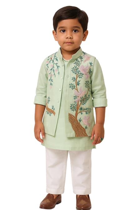 PAARSH Mint Organza, Chanderi Embroidery Gulvan Birds Nehru Jacket Set 