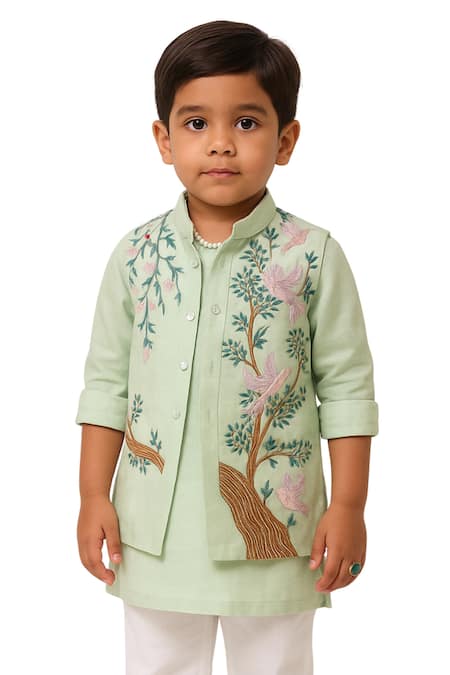 Buy_PAARSH_Mint Organza, Chanderi Embroidery Gulvan Birds Nehru Jacket Set _Online_at_Aza_Fashions