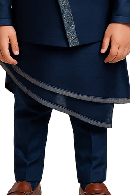 PAARSH_Navy Linen, Bamboo Brooches Neelavan Nehru Jacket And Kurta Set _Online_at_Aza_Fashions