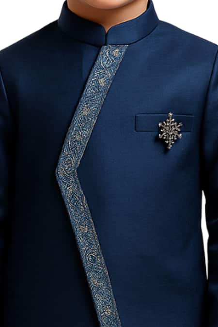 Buy_PAARSH_Navy Linen, Bamboo Brooches Neelavan Nehru Jacket And Kurta Set _Online_at_Aza_Fashions
