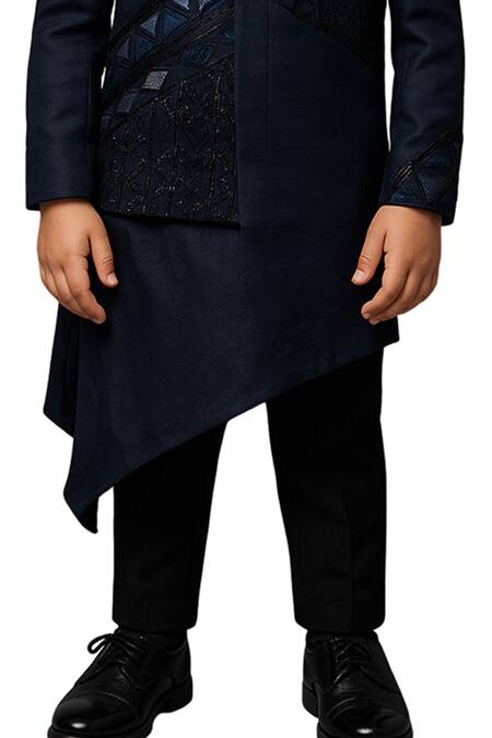 Buy_PAARSH_Blue Linen, Satin Embroidery Aaryan Bandhgala Set _Online_at_Aza_Fashions