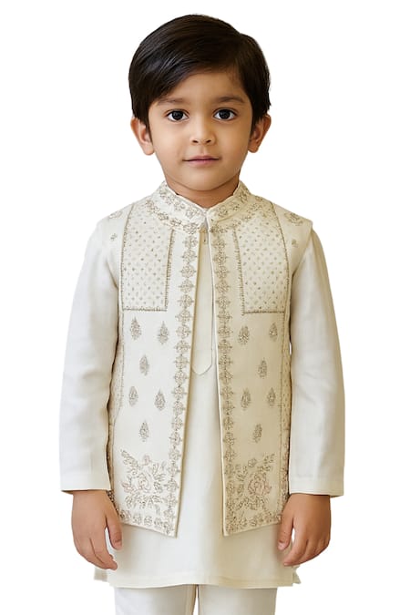 PAARSH_Ivory Bamboo, Silk Embroidery Ivraan Nehru Jacket Set _Online_at_Aza_Fashions