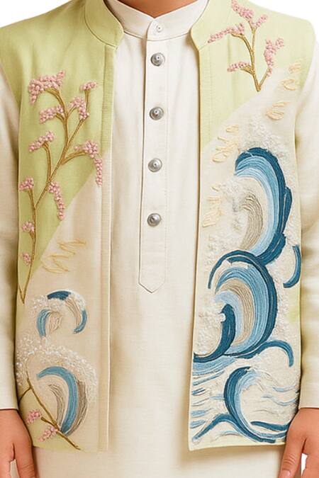 Buy_PAARSH_Mint Organza, Chanderi Embroidery Varunesh Nehru Jacket Set _Online_at_Aza_Fashions