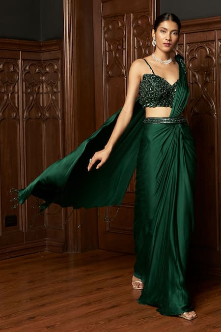Istya_Emerald Green Satin Sequins Round Neck Pre-draped Saree With Embellished Blouse _at_Aza_Fashions