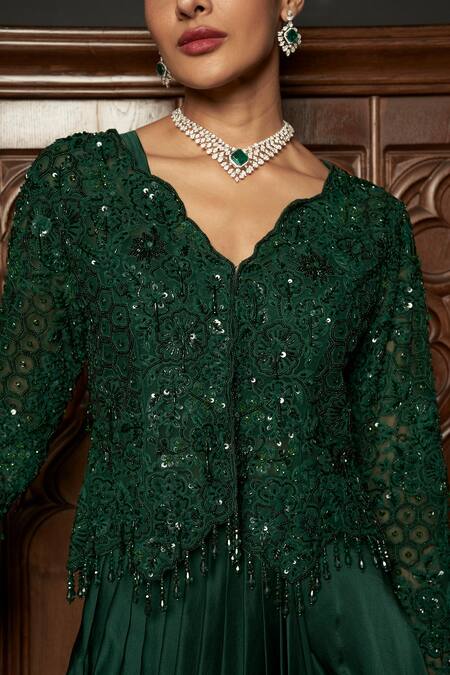 Istya_Emerald Green Net, Satin Embroidery, Sequins Round Jacket And Draped Skirt Set _Online_at_Aza_Fashions