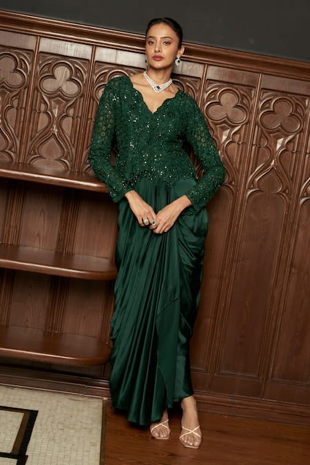 Istya Emerald Green Net, Satin Embroidery, Sequins Round Jacket And Draped Skirt Set