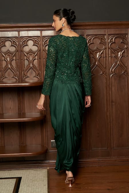 Shop_Istya_Emerald Green Net, Satin Embroidery, Sequins Round Jacket And Draped Skirt Set _at_Aza_Fashions