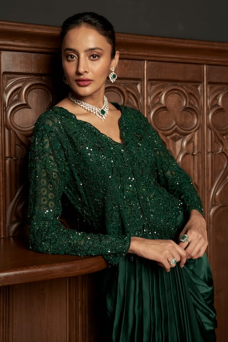Buy_Istya_Emerald Green Net, Satin Embroidery, Sequins Round Jacket And Draped Skirt Set _Online_at_Aza_Fashions
