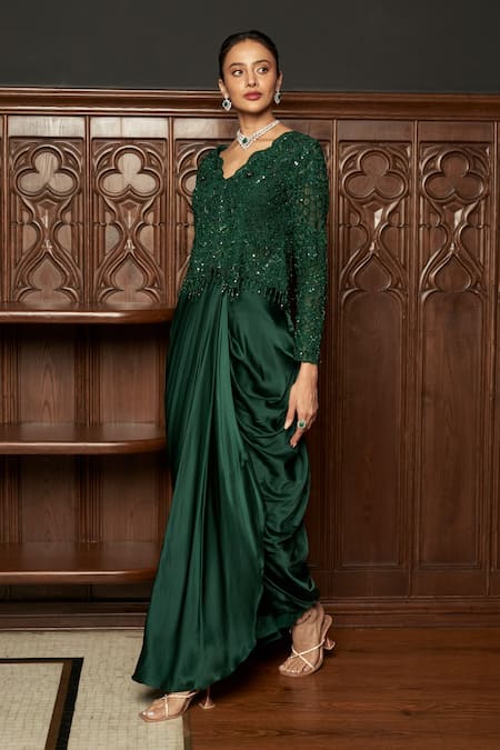 Shop_Istya_Emerald Green Net, Satin Embroidery, Sequins Round Jacket And Draped Skirt Set _Online_at_Aza_Fashions