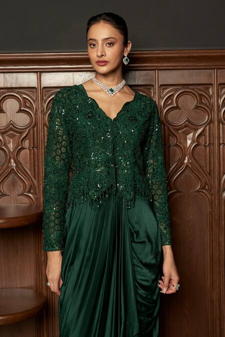Istya_Emerald Green Net, Satin Embroidery, Sequins Round Jacket And Draped Skirt Set _at_Aza_Fashions