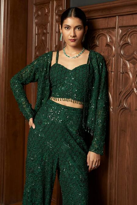 Istya_Emerald Green Net Sequins, Embroidery Round Neck, Short Jacket Set With Pant _Online_at_Aza_Fashions