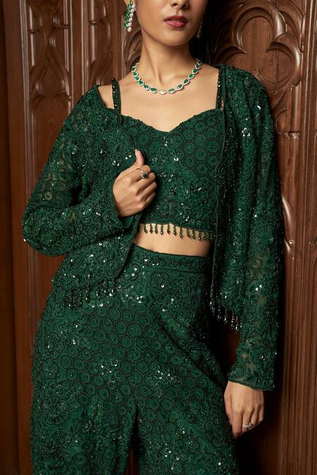 Shop_Istya_Emerald Green Net Sequins, Embroidery Round Neck, Short Jacket Set With Pant _Online_at_Aza_Fashions
