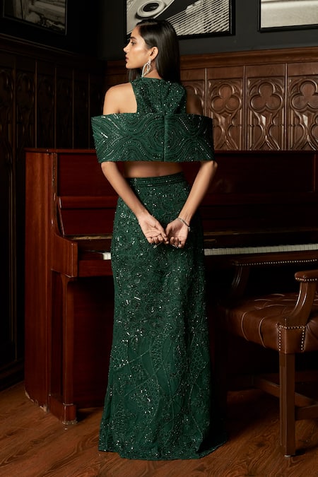 Istya Emerald Embellished Top & Skirt Set 