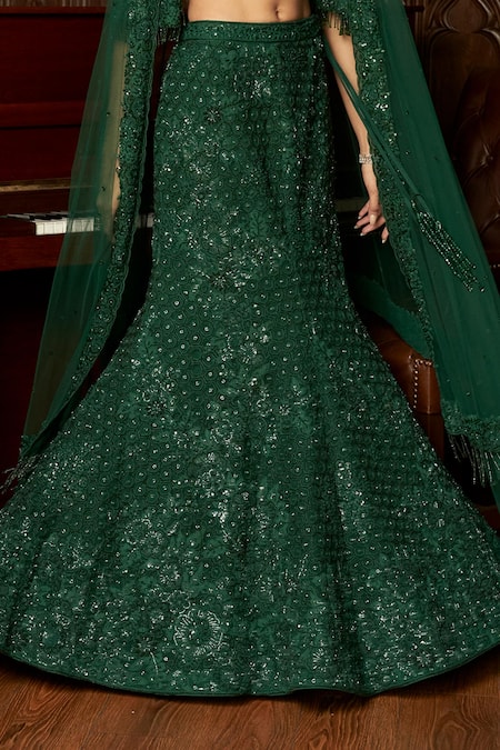 Shop Istya Emerald Green Net Sequins, Embroidery V-neck Fishcut Lehenga Set Online at Aza Fashions Shop_Istya_Emerald Green Net Sequins, Embroidery V-neck Fishcut Lehenga Set _Online_at_Aza_Fashions