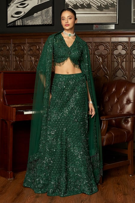 Istya Emerald Green Net Sequins, Embroidery V-neck Fishcut Lehenga Set