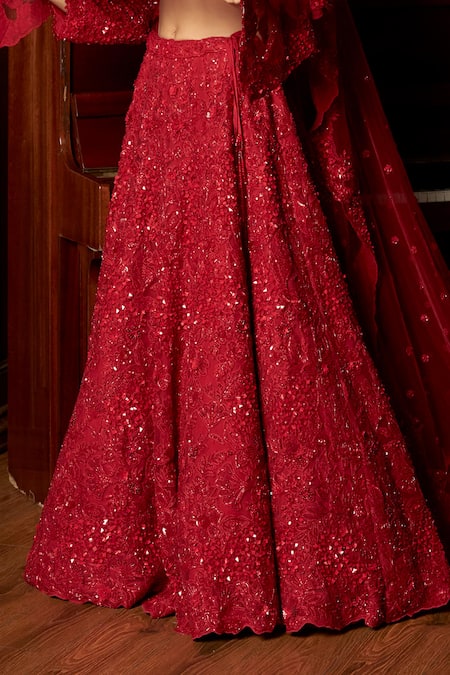 Istya_Red Net Sequins, Embroidery Plunge Neck Bridal Lehenga Set _Online_at_Aza_Fashions