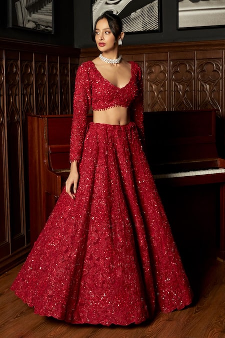 Buy_Istya_Red Net Sequins, Embroidery Plunge Neck Bridal Lehenga Set _Online_at_Aza_Fashions