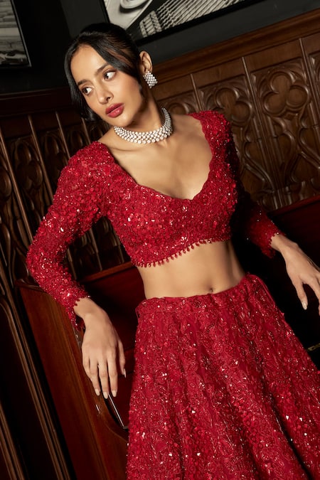 Shop_Istya_Red Net Sequins, Embroidery Plunge Neck Bridal Lehenga Set _Online_at_Aza_Fashions