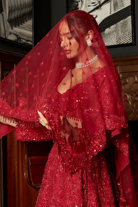 Istya_Red Net Sequins, Embroidery Plunge Neck Bridal Lehenga Set _at_Aza_Fashions