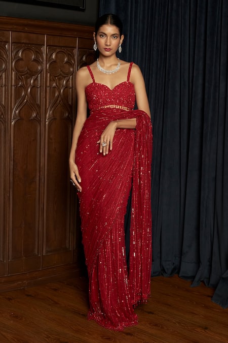 Istya Red Net Sequins, Beads Sweetheart Neck Statement Embellished Saree With Blouse 