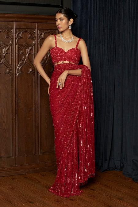 Istya_Red Net Sequins, Beads Sweetheart Neck Statement Embellished Saree With Blouse _Online_at_Aza_Fashions