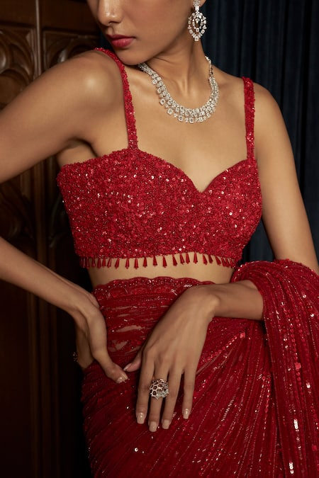 Buy_Istya_Red Net Sequins, Beads Sweetheart Neck Statement Embellished Saree With Blouse _Online_at_Aza_Fashions