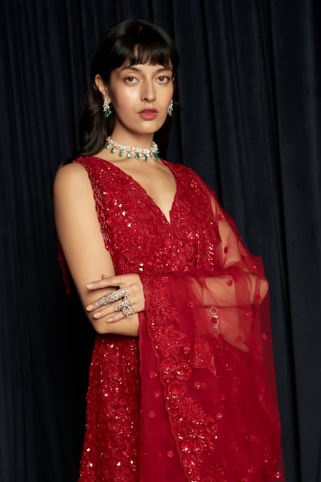 Istya_Red Net Sequins V-neck Embellished Kurta Sharara Set _Online_at_Aza_Fashions