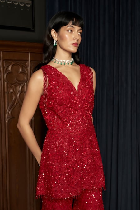 Buy_Istya_Red Net Sequins V-neck Embellished Kurta Sharara Set _Online_at_Aza_Fashions