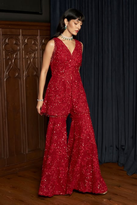 Istya_Red Net Sequins V-neck Embellished Kurta Sharara Set _at_Aza_Fashions