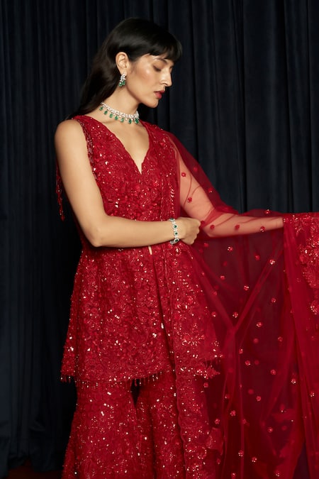 Buy_Istya_Red Net Sequins V-neck Embellished Kurta Sharara Set 