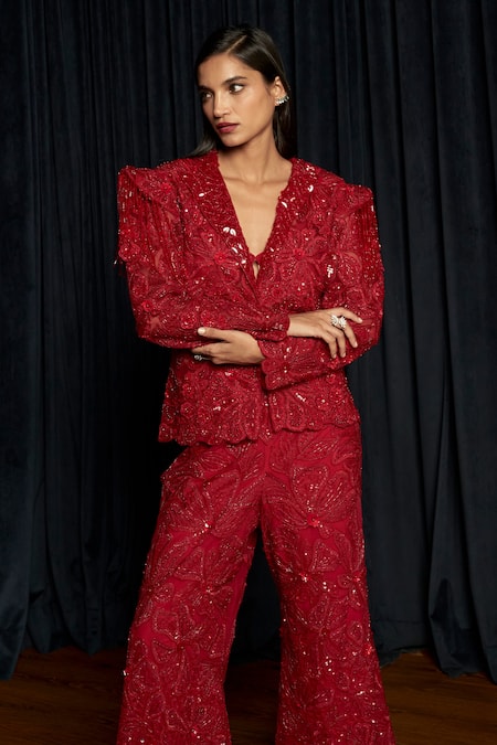 Istya_Red Net Beads, Sequins, Embroidery V-neck Embellished Jacket Pant Set _Online_at_Aza_Fashions