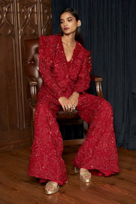 Buy_Istya_Red Net Beads, Sequins, Embroidery V-neck Embellished Jacket Pant Set _Online_at_Aza_Fashions