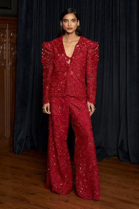 Istya Red Net Beads, Sequins, Embroidery V-neck Embellished Jacket Pant Set 