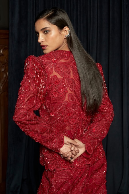 Istya Red Embellished Jacket Pant Set 