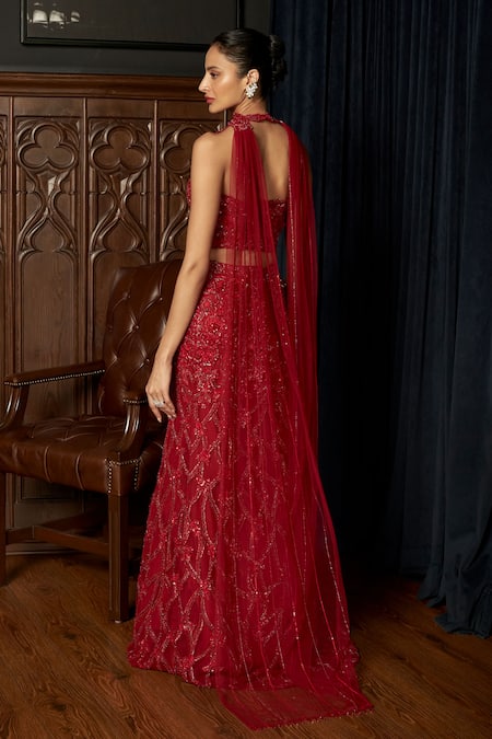 Istya Red Embellished Fishcut Lehenga Set 