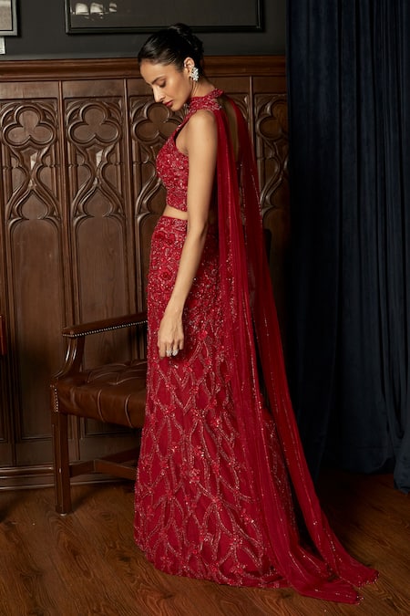 Buy_Istya_Red Net Sequins, Beads, Embroidery Keyhole Neck Embellished Fishcut Lehenga Set _Online_at_Aza_Fashions
