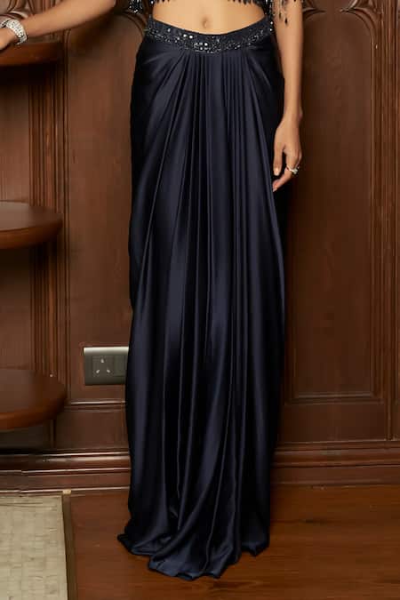 Istya_Navy Satin Beads, Sequins Sweetheart Neck, Collared Embellished Blouse Skirt Set _Online_at_Aza_Fashions