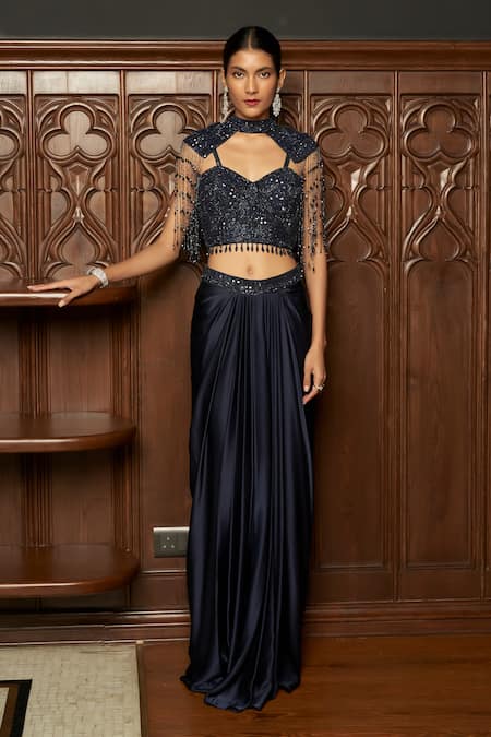 Istya Navy Satin Beads, Sequins Sweetheart Neck, Collared Embellished Blouse Skirt Set 