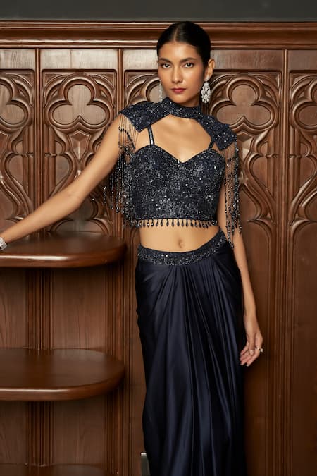 Shop_Istya_Navy Satin Beads, Sequins Sweetheart Neck, Collared Embellished Blouse Skirt Set _Online_at_Aza_Fashions