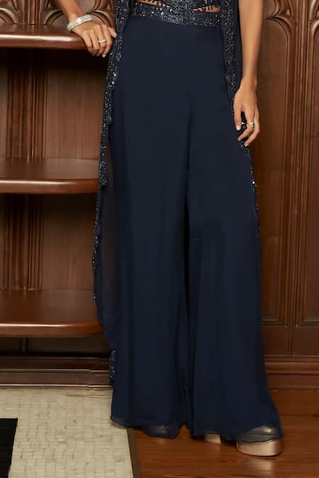 Istya_Navy Organza, Net Sequins Scoop Neck, Indo-western Corset With Jacket Set _Online_at_Aza_Fashions