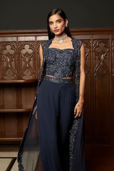 Shop_Istya_Navy Organza, Net Sequins Scoop Neck, Indo-western Corset With Jacket Set _Online_at_Aza_Fashions