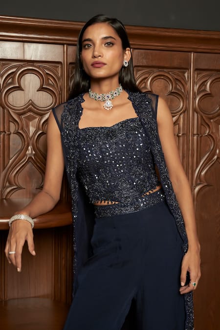 Istya_Navy Organza, Net Sequins Scoop Neck, Indo-western Corset With Jacket Set _at_Aza_Fashions