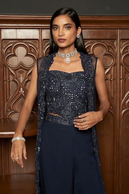 Buy_Istya_Navy Organza, Net Sequins Scoop Neck, Indo-western Corset With Jacket Set 