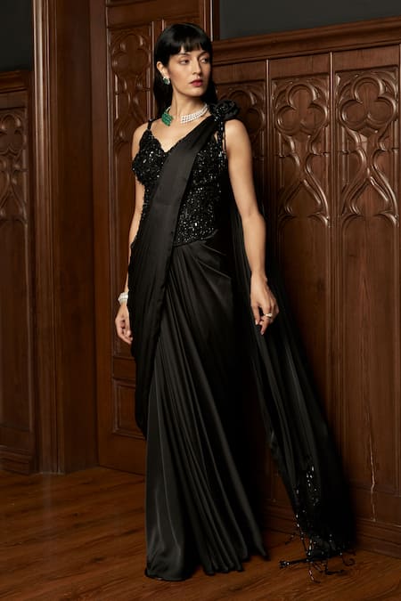 Istya_Black Satin Sequins, Beads Sweetheart Neck Corset With Pre-draped Saree _Online_at_Aza_Fashions