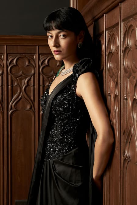 Buy_Istya_Black Satin Sequins, Beads Sweetheart Neck Corset With Pre-draped Saree _Online_at_Aza_Fashions