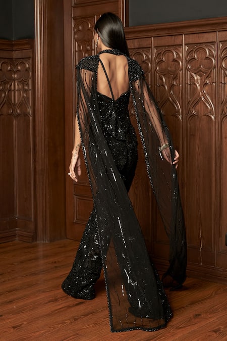 Istya Black Embellished Cape Pant Set 