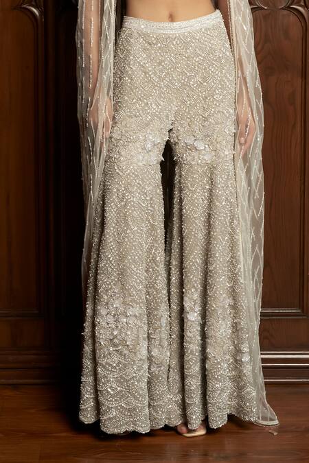 Istya_Gray Net Beads, Sequins Scoop Neck, Open Grey Embellished Sharara And Cape Set _Online_at_Aza_Fashions